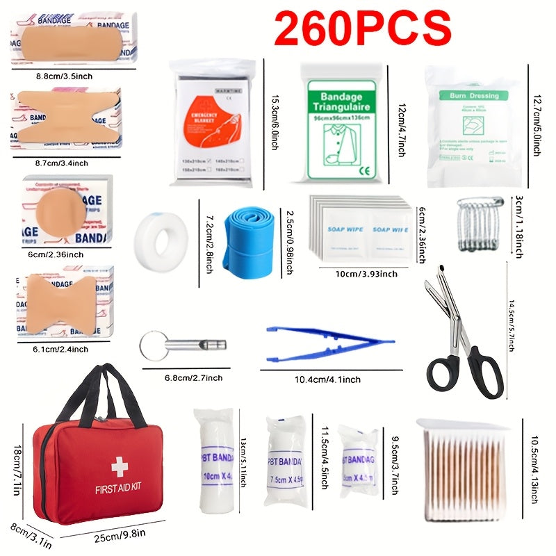 260 PCS first aid kits with scissors, bandages, clips, portable red box for home, outdoor, camping - general safety gear