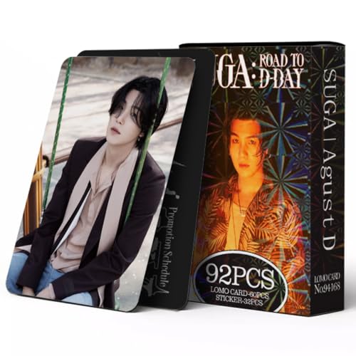 92Pcs  Kpop SUGA ROAD TO D-DAY Merch Photocards, Min Qi, Double Sided 60 PCS LOMO Cards And 32 Pcs Music Stickers
