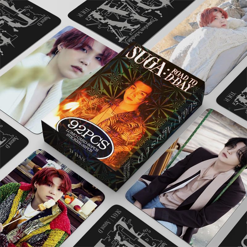 92Pcs  Kpop SUGA ROAD TO D-DAY Merch Photocards, Min Qi, Double Sided 60 PCS LOMO Cards And 32 Pcs Music Stickers