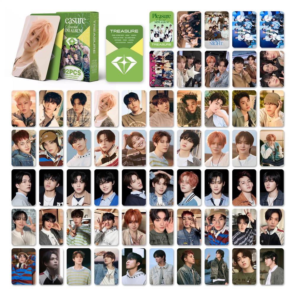 92 PCS Small Cards TREASURE kpop New Album PLEASURE Greeting Cards Star 60 PCS Photo Cards And 32 PCS Stickers, Lomo Cards, Photocards
