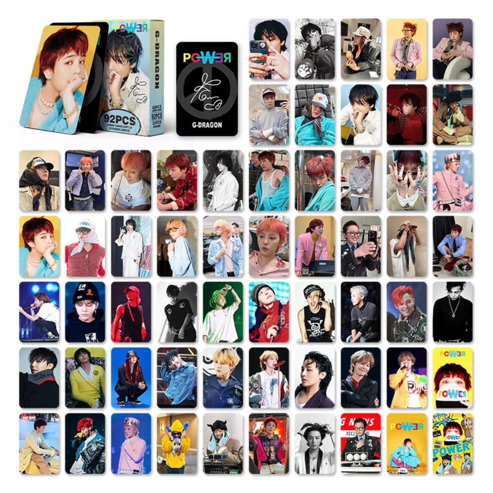 92 PCS Kpop bigbang G-Dragon Kwon Photo Cards 32 PCS stickers and 60 PCS reeting cards double sided Lomo Cards, Photocards