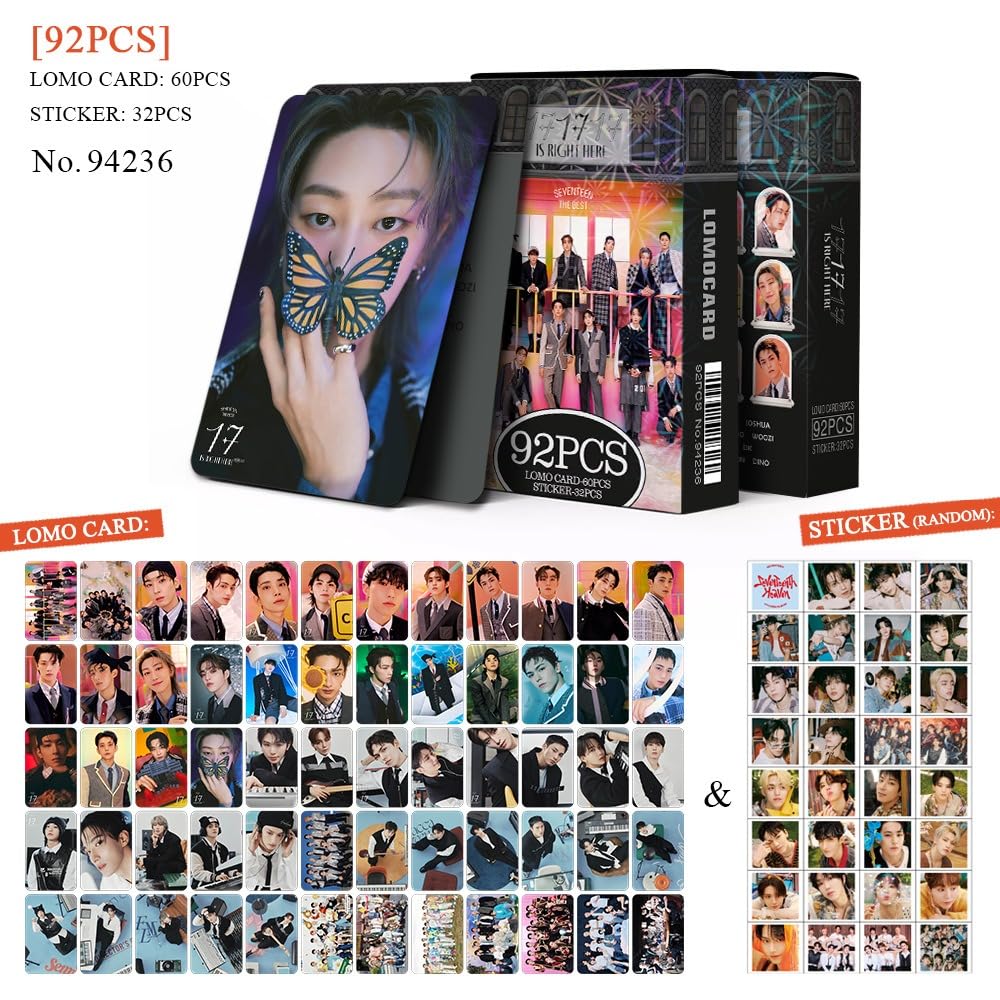 SEVENTEEN Photocards 92 PCS LOMO Cards SEVENTEEN Kpop Album 17 IS RIGHT HERE Merch, 60Pcs Lomo Cards And 32 Pcs Music, Stickers