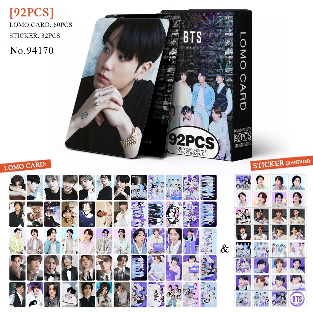 Kpop  SUGA V JK JIN Merch Photo Cards, 92pcs Cards 60 Pcs Lomo Cards And 32 Pcs Music Stickers