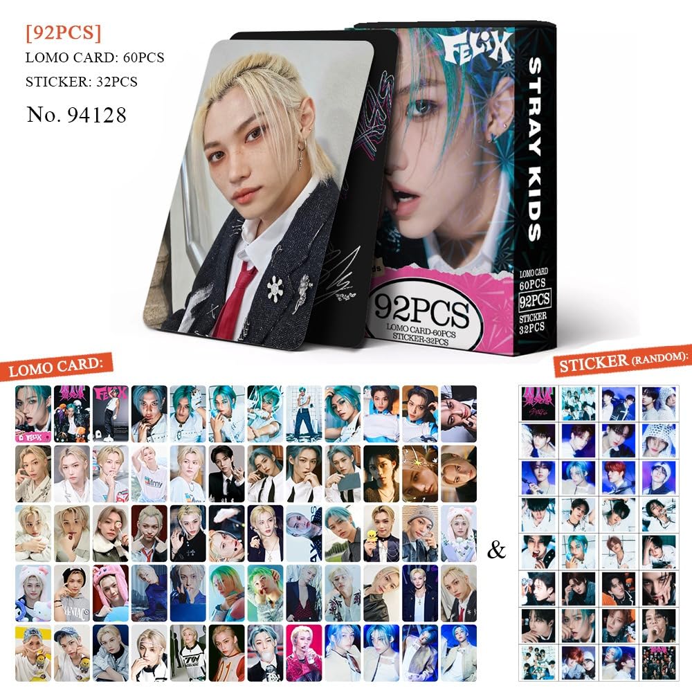 Stray Kids Photocards 92 Pcs kpop Photocards  Felix Album Merch 60 Pcs Lomo Cards And 32 Pcs stray kids stickers