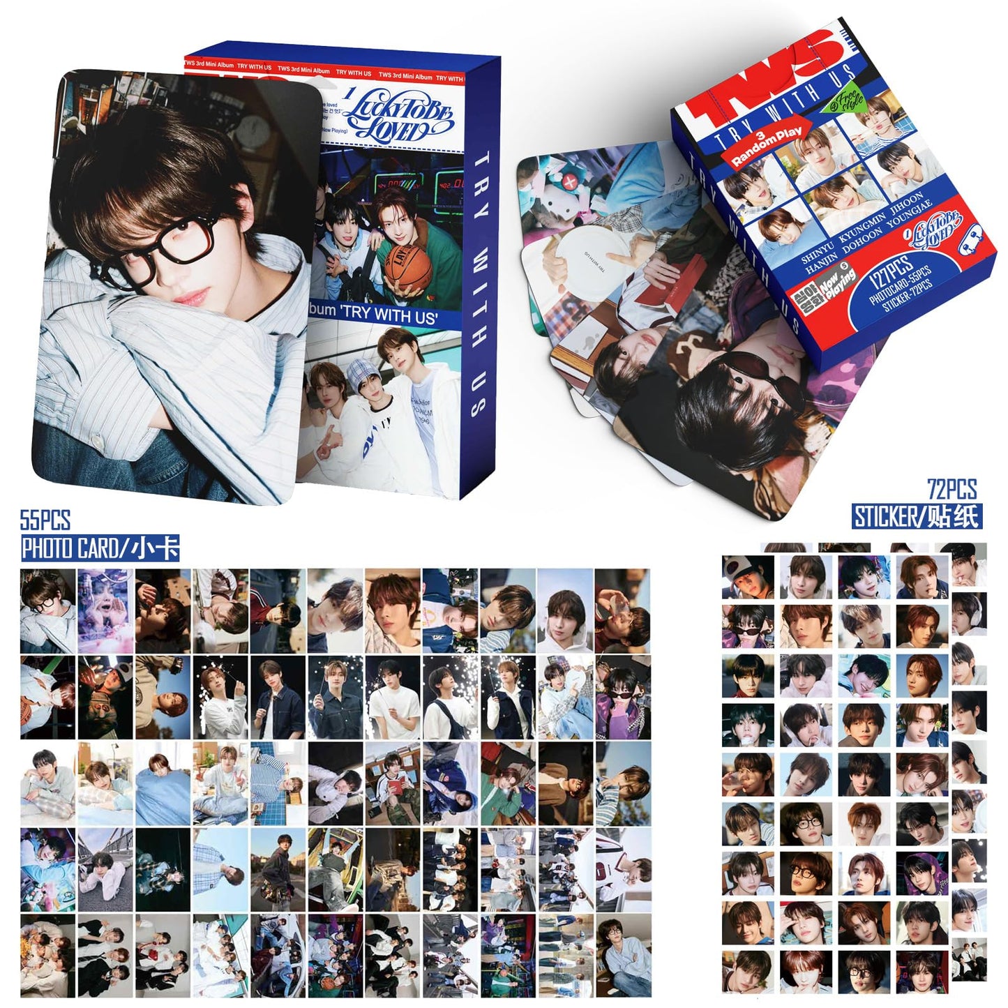 127 Pcs TWS Photocards TRY WITH US Album Lucky to be loved Merch 55 Pcs Lomo Cards And 67 Pcs Stickers