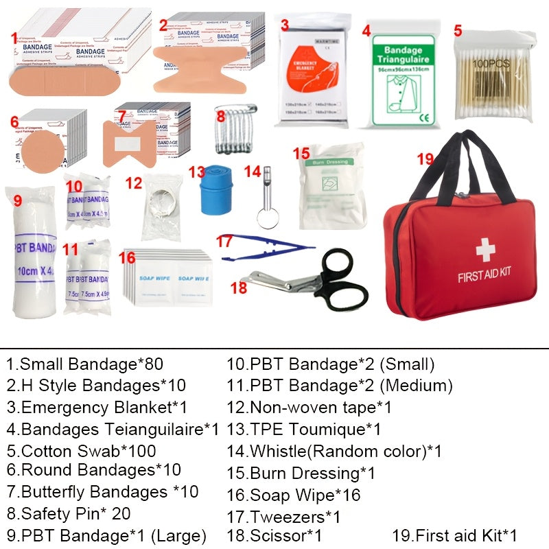 260 PCS first aid kits with scissors, bandages, clips, portable red box for home, outdoor, camping - general safety gear