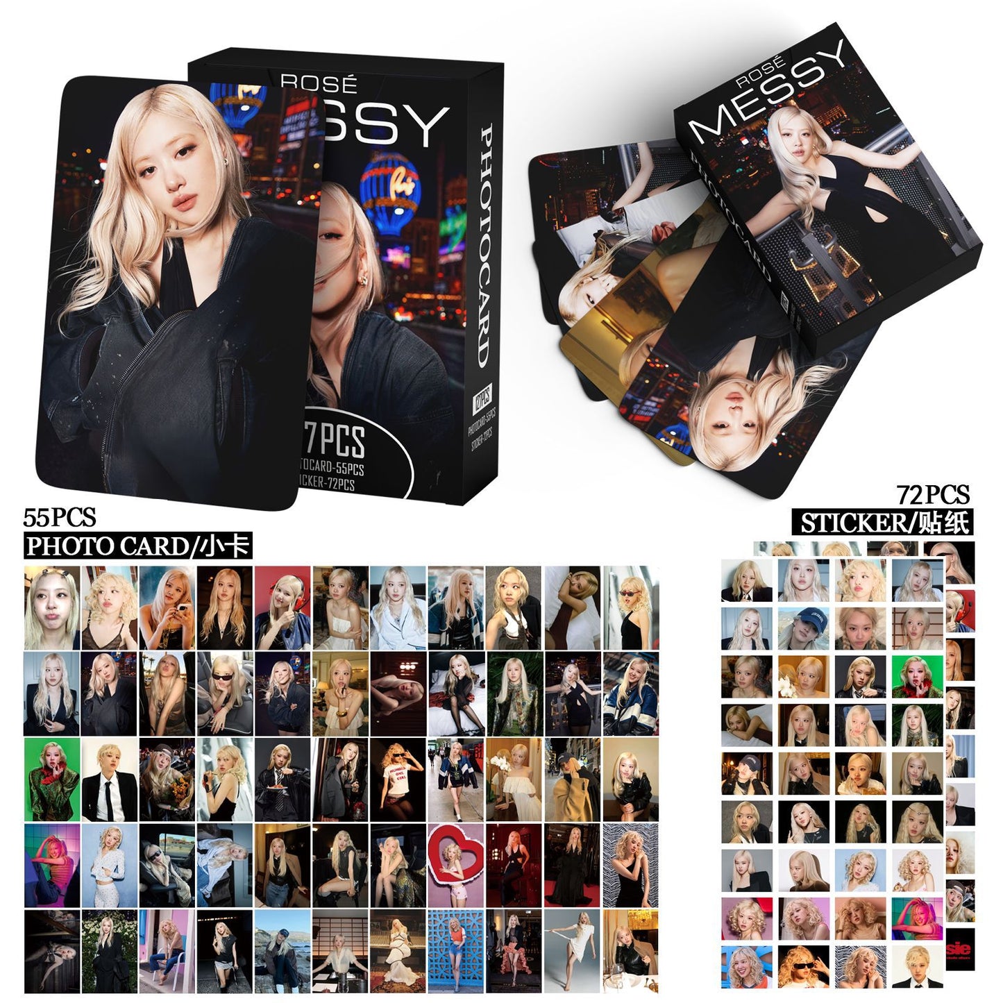 127 Pcs Black and Pink ROSE Photocards Album MESSY Merch 50 Pcs Lomo Cards And 77 Pcs Stickers