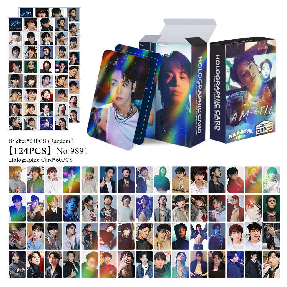 124 Pcs Laser JungKook Photocards Album I AM STILL Merch 60 Pcs LOMO Cards And 64 Pcs Stickers