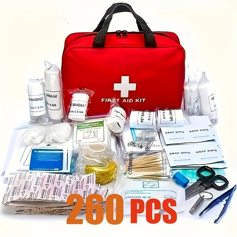 260 PCS first aid kits with scissors, bandages, clips, portable red box for home, outdoor, camping - general safety gear